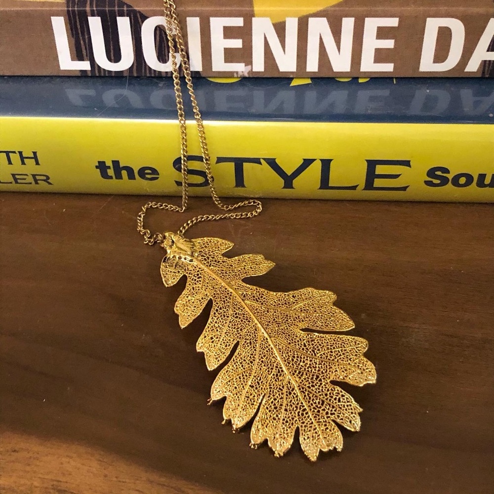 1990s Dipped Gold 3” Leaf Pendant With Chain - image 1
